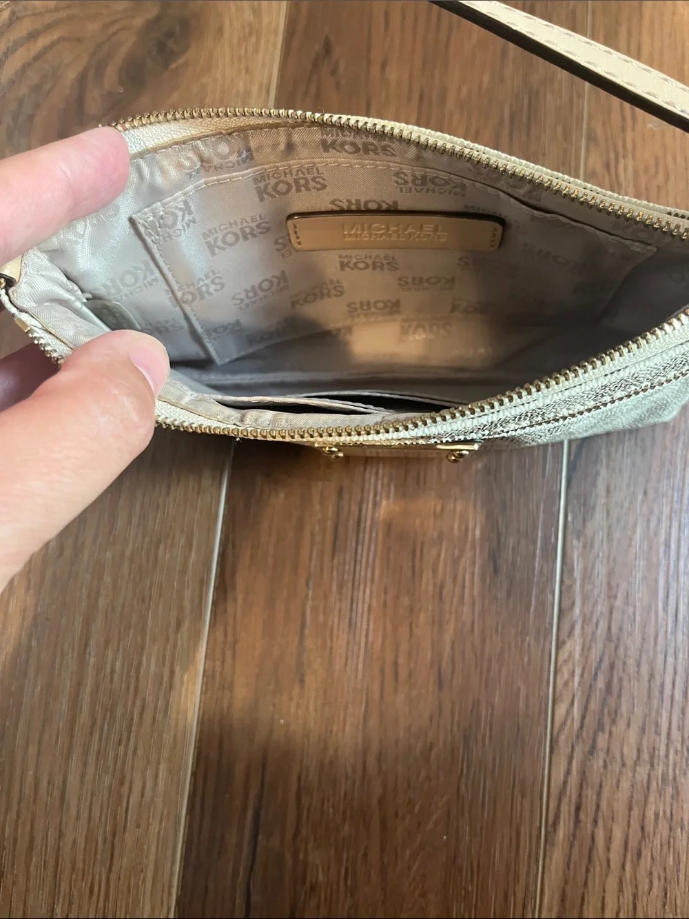 Michael Kors Jet Set Large Logo Wristlet in Vanilla with Gold Hardware